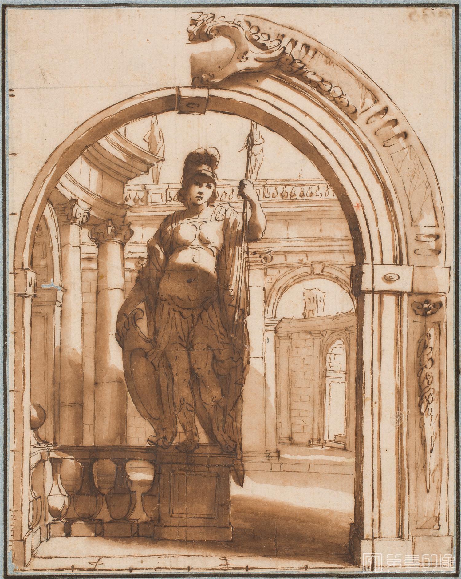 素描-西班牙普拉多美术馆素描藏画-Colonna, Angelo Michele-Minerva ante un fondo de arquitecturas-0891